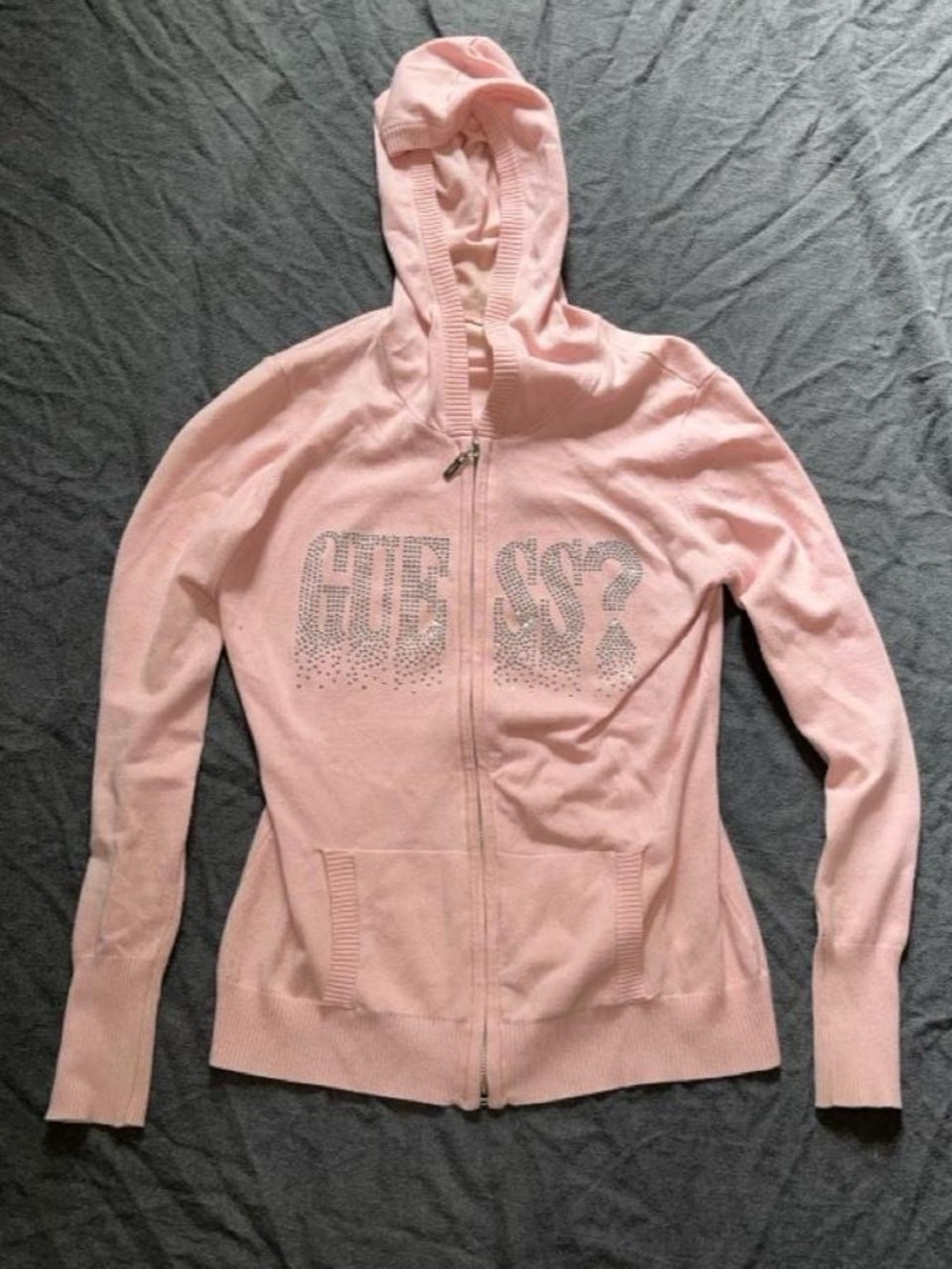 Guess pink zip up jacket hoodie with rhinestone logo